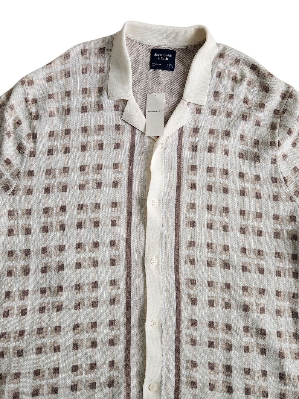 NWT Abercrombie & Fitch Knit Sweater Polo Men's 2XL Beige Windowpane Preppy  Y2K